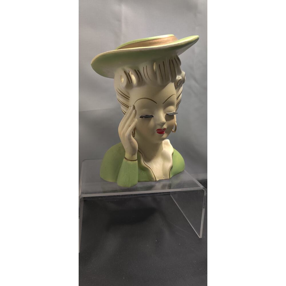 Vintage Green Hat Hand to Head Headache Lady Head Vase Planter Kitsch MidCentury - Picture 2 of 12